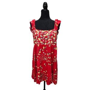 LC Lauren Conrad Red Floral Dress XL Ruffle Sleeve Linen Blend Babydoll Tie Back